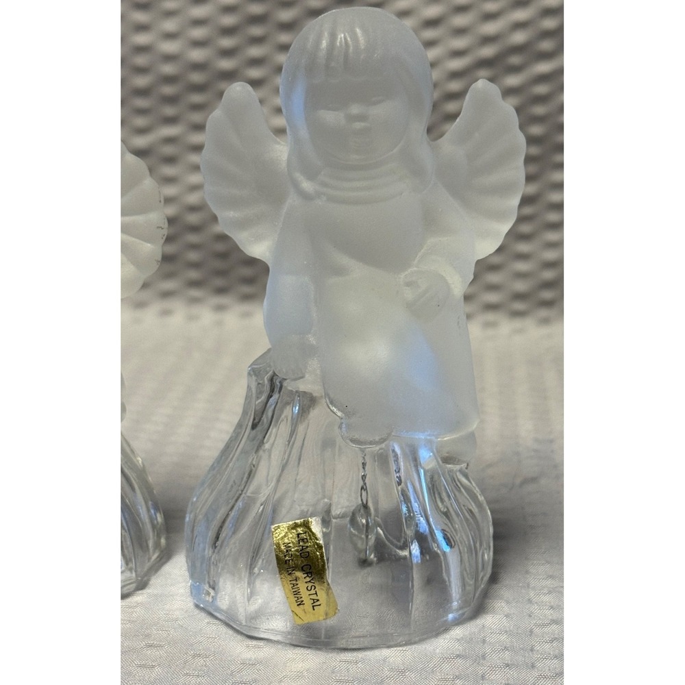 2 Goebel Bell Glass Angel Frosted Satin Sitting On Clear Bell 24%‎ Lead Crystal - Picture 2 of 16